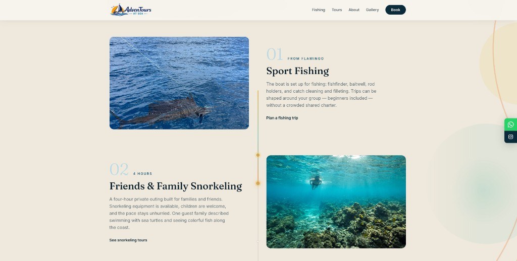 Sitio web de Adventours at Sea, tours de pesca y snorkel en Costa Rica