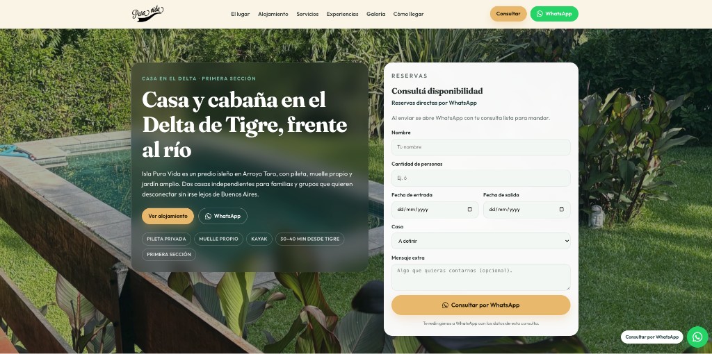 Landing page de Isla Pura Vida, casa y cabaña en el Delta de Tigre