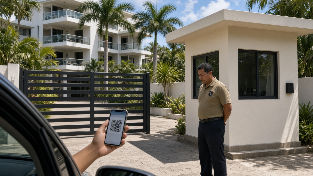 Guardia revisando un acceso en el portón del condominio